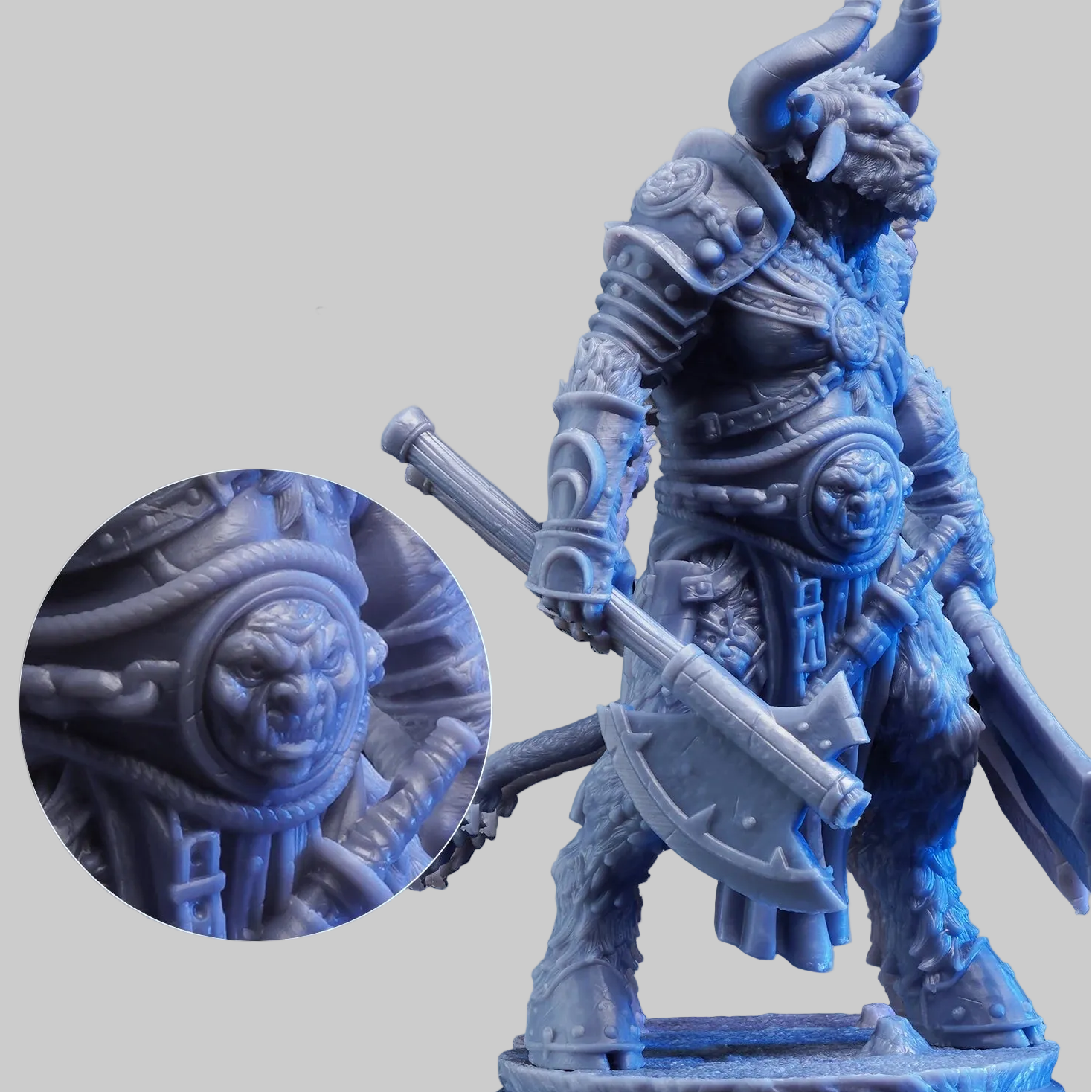 High-performance modeling material with detailed warrior figure and close-up of texture on a blue background.